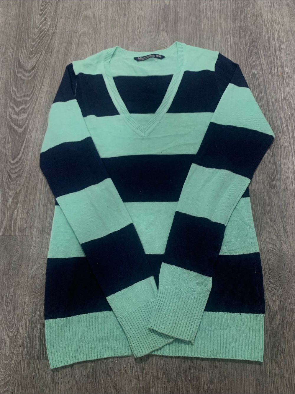 Women's V-Neck Striped Sweater in Mint Green & Navy